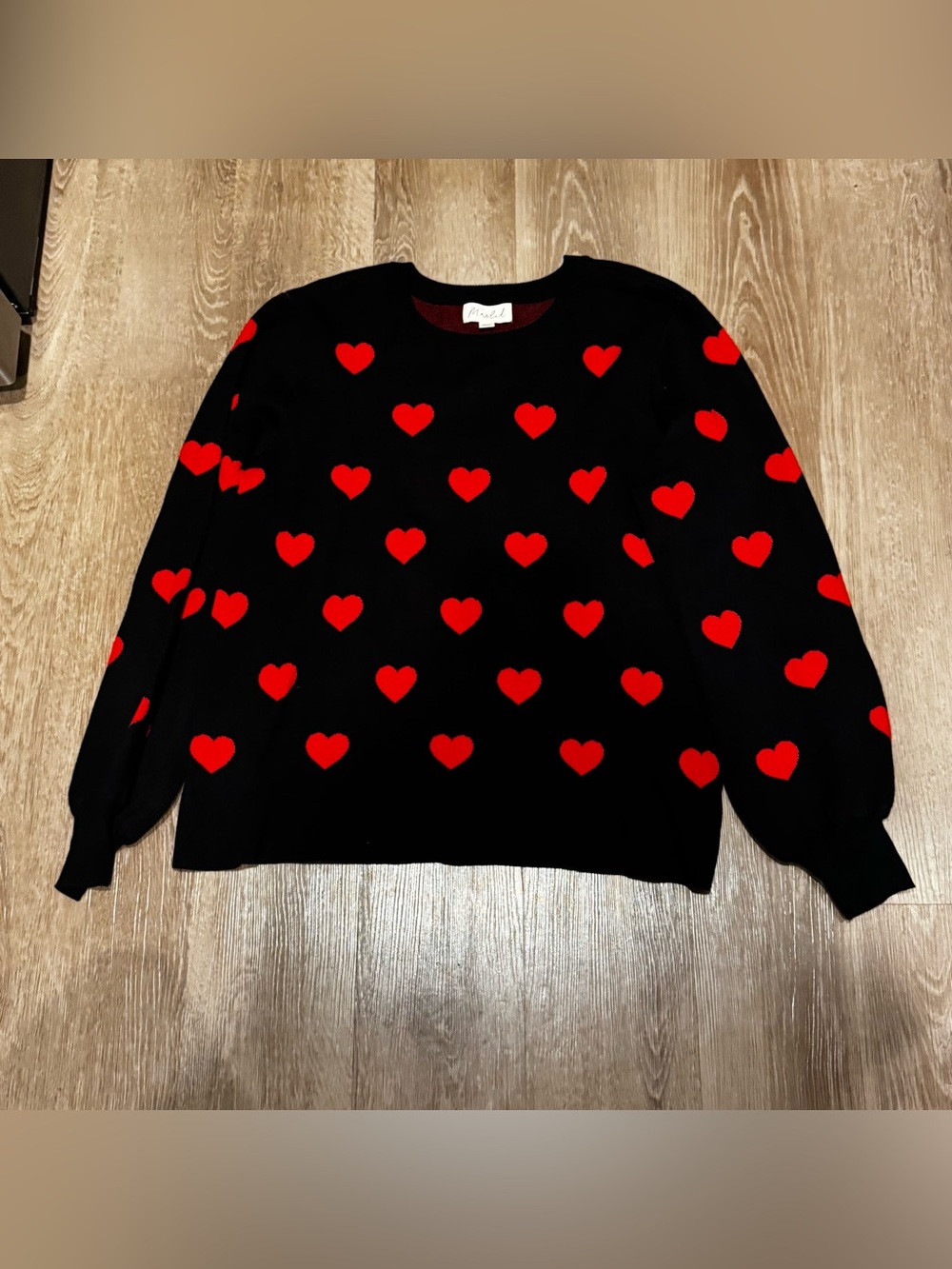 Marled Black Crewneck Sweater with Red Heart Pattern